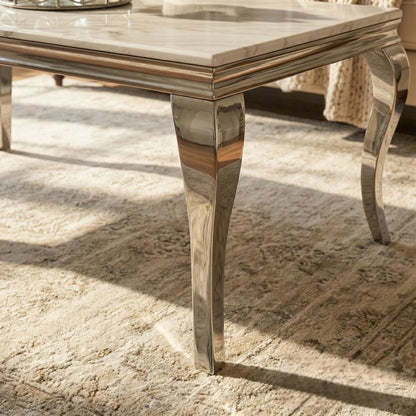 Luxury Lorens 130cm Chrome Coffee Table With White Marble Top And Curved Leg Design