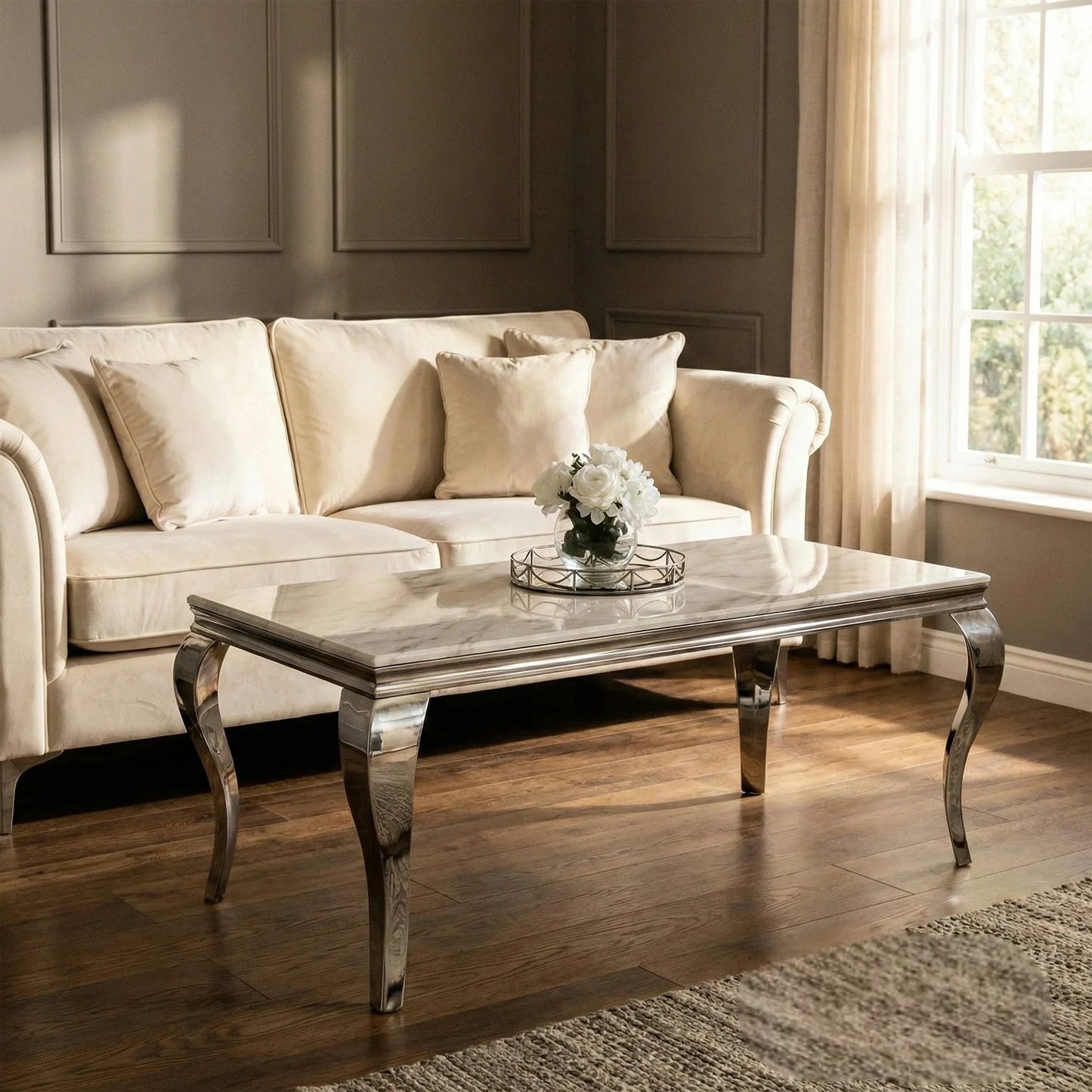 Luxury Lorens 130cm Chrome Coffee Table With White Marble Top And Curved Leg Design