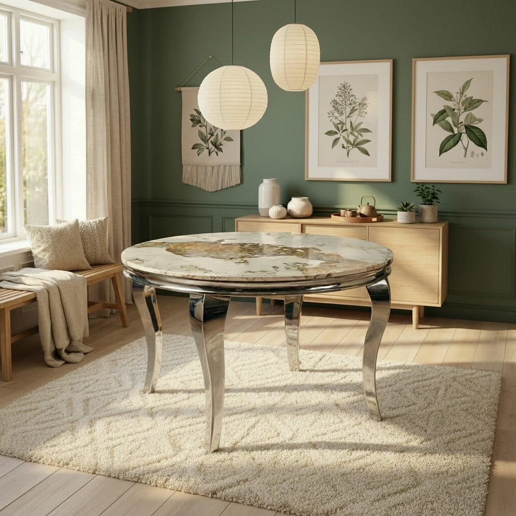 Luxury Lorens 130cm Round Cream Marble Dining Table with Chrome 4-Leg Base
