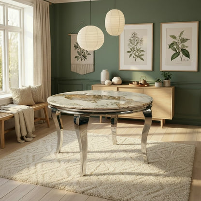 Luxury Lorens 130cm Round Cream Marble Dining Table with Chrome 4-Leg Base