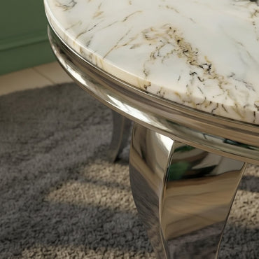 Luxury Lorens 130cm Round Cream Marble Dining Table with Chrome 4-Leg Base