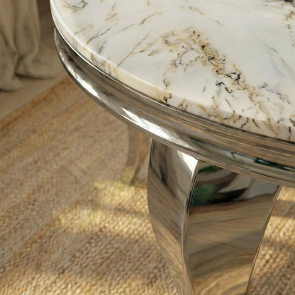 Luxury Lorens 130cm Round Cream Marble Dining Table with Chrome 4-Leg Base