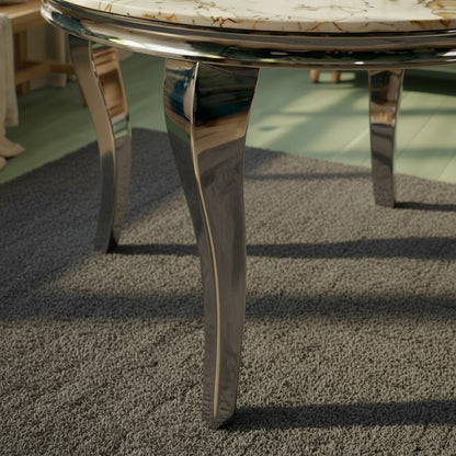 Luxury Lorens 130cm Round Cream Marble Dining Table with Chrome 4-Leg Base