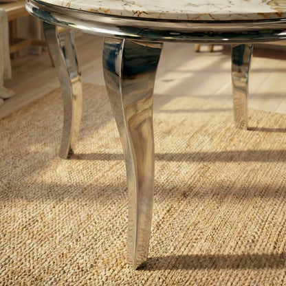 Luxury Lorens 130cm Round Cream Marble Dining Table with Chrome 4-Leg Base