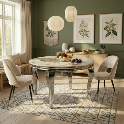 Luxury Lorens 130cm Round Cream Marble Dining Table with Chrome 4-Leg Base