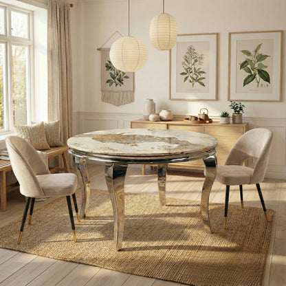 Luxury Lorens 130cm Round Cream Marble Dining Table with Chrome 4-Leg Base