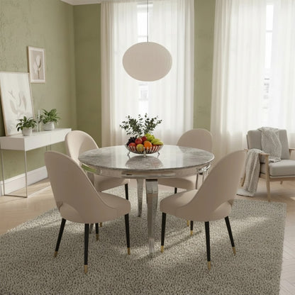 Luxury Lorens 130cm Round White Marble Dining Table With Chrome 4-Leg Base