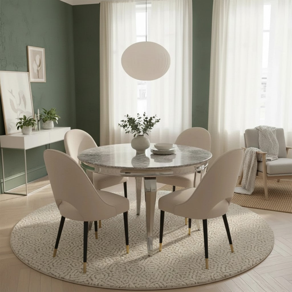 Luxury Lorens 130cm Round White Marble Dining Table With Chrome 4-Leg Base