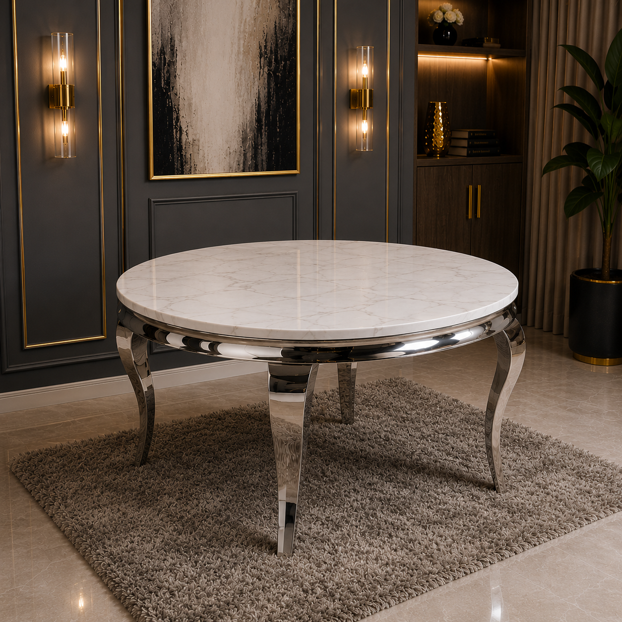 Luxury Lorens 130cm Round White Marble Dining Table With Chrome 4-Leg Base