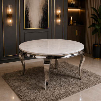 Luxury Lorens 130cm Round White Marble Dining Table With Chrome 4-Leg Base
