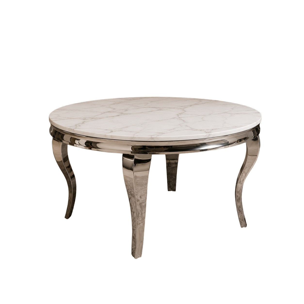 Luxury Lorens 130cm Round White Marble Dining Table With Chrome 4-Leg Base