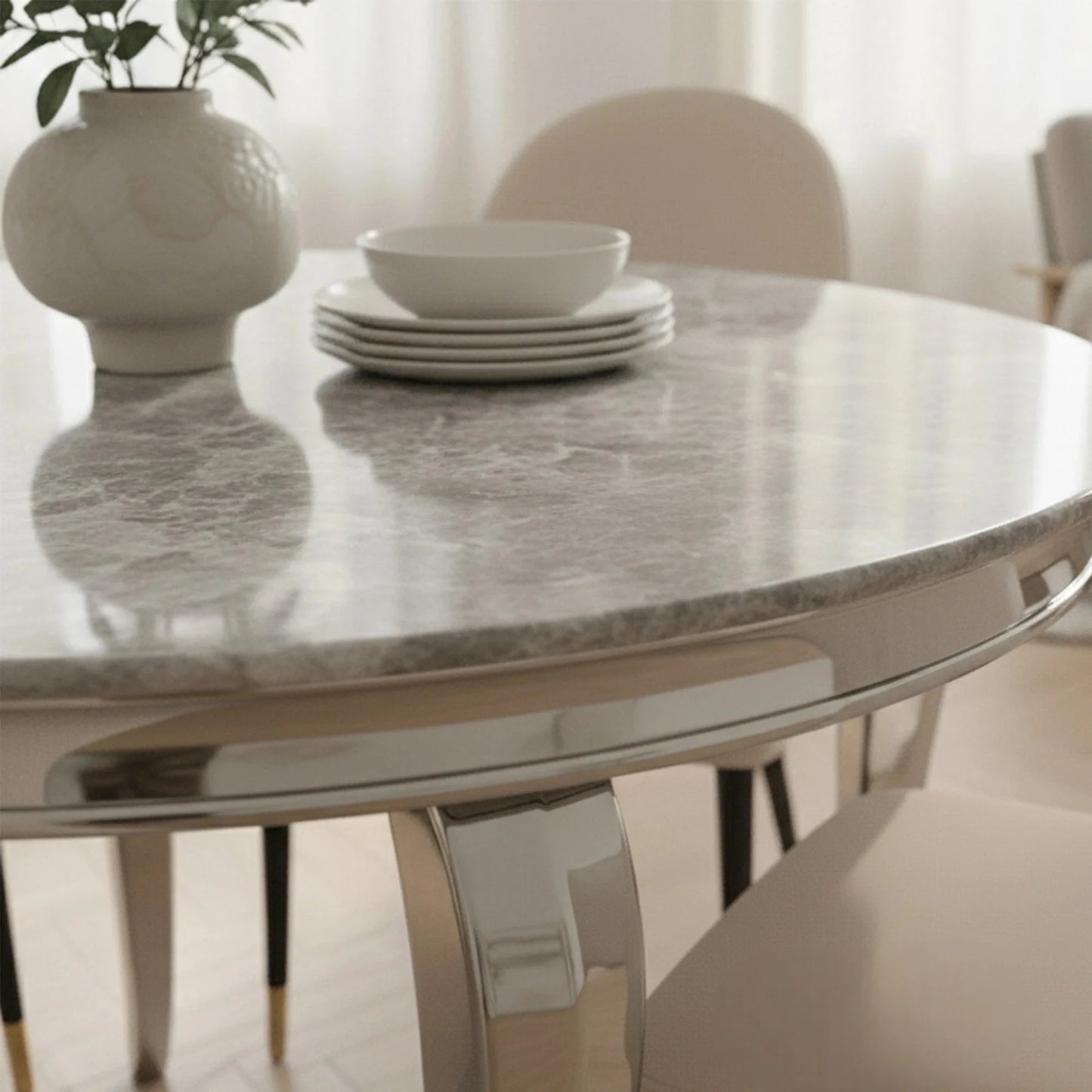 Luxury Lorens 130cm Round White Marble Dining Table With Chrome 4-Leg Base