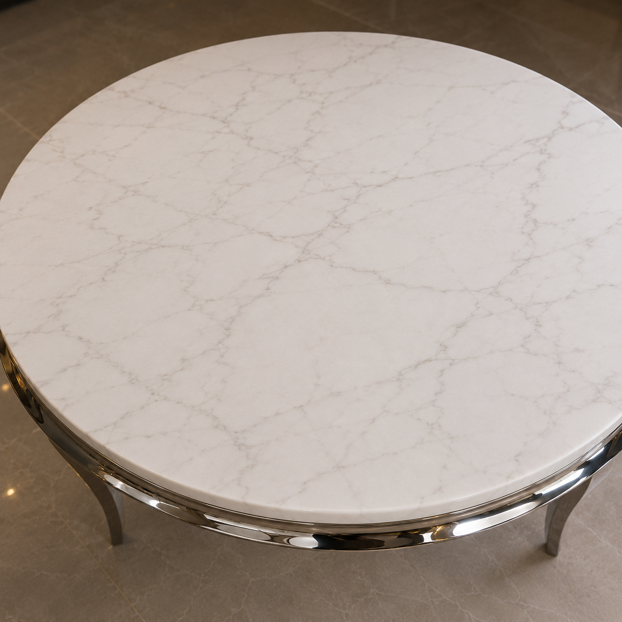 Luxury Lorens 130cm Round White Marble Dining Table With Chrome 4-Leg Base