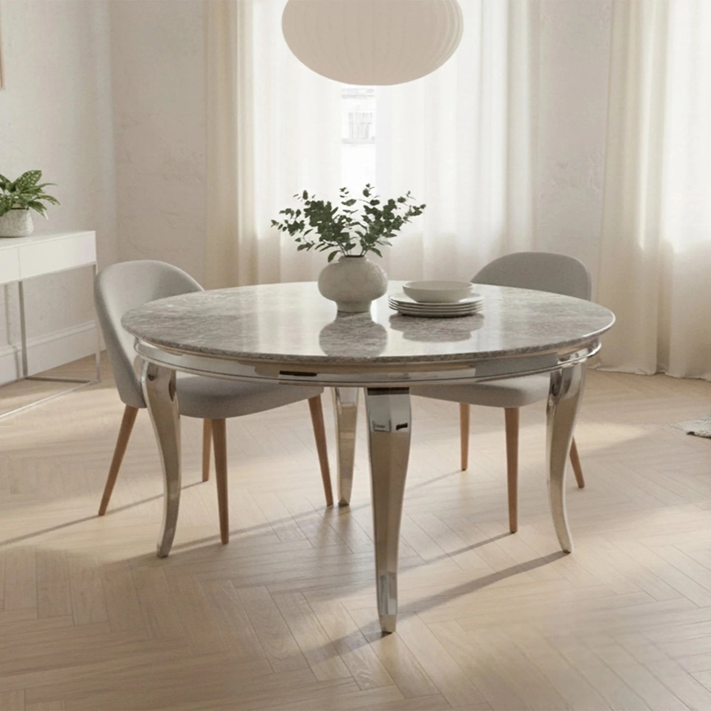 Luxury Lorens 130cm Round White Marble Dining Table With Chrome 4-Leg Base