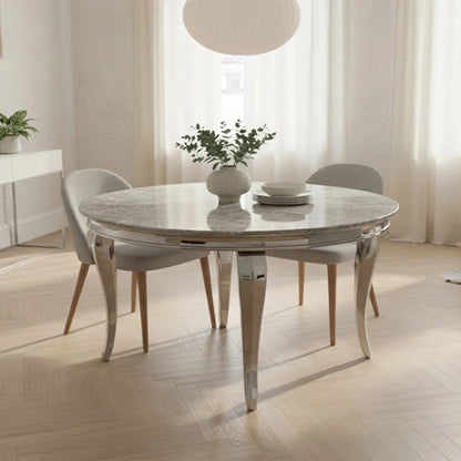 Luxury Lorens 130cm Round White Marble Dining Table With Chrome 4-Leg Base