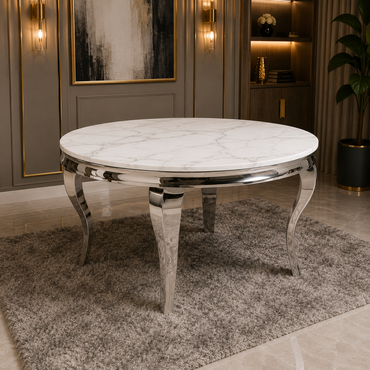 Luxury Lorens 130cm Round White Marble Dining Table With Chrome 4-Leg Base
