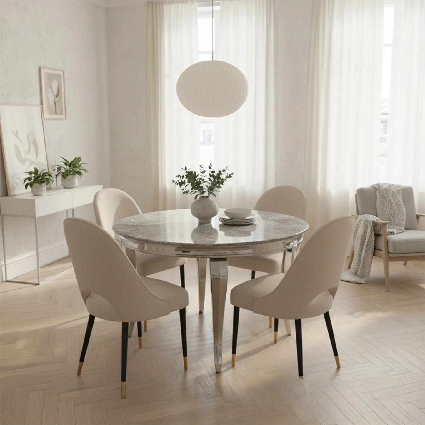 Luxury Lorens 130cm Round White Marble Dining Table With Chrome 4-Leg Base
