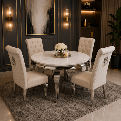 Luxury Lorens 130cm Round White Marble Dining Table With Chrome 4-Leg Base
