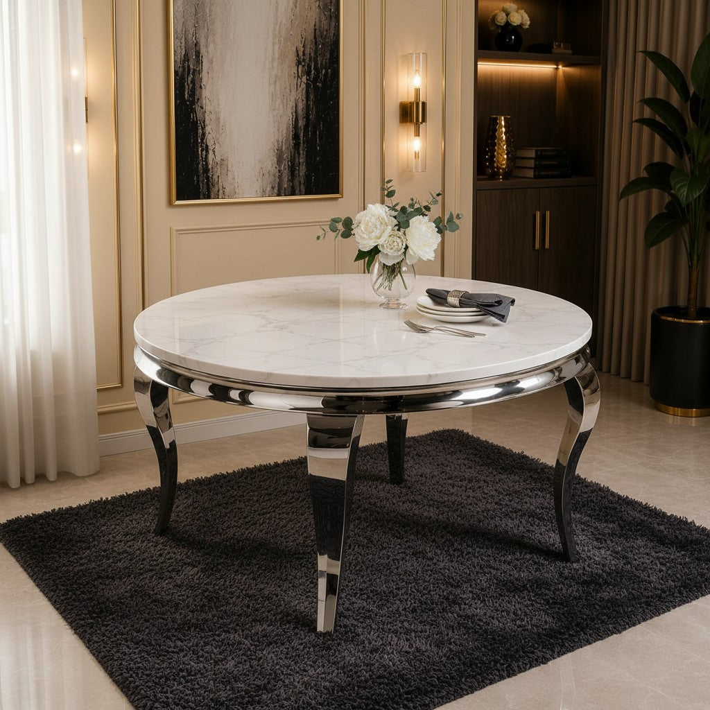 Luxury Lorens 130cm Round White Marble Dining Table With Chrome 4-Leg Base