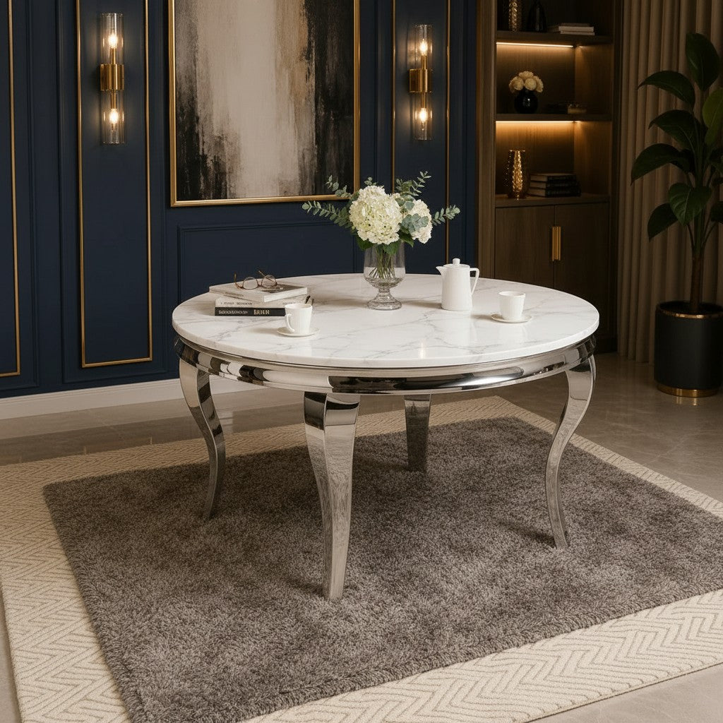 Luxury Lorens 130cm Round White Marble Dining Table With Chrome 4-Leg Base