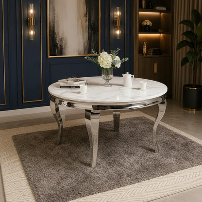 Luxury Lorens 130cm Round White Marble Dining Table With Chrome 4-Leg Base