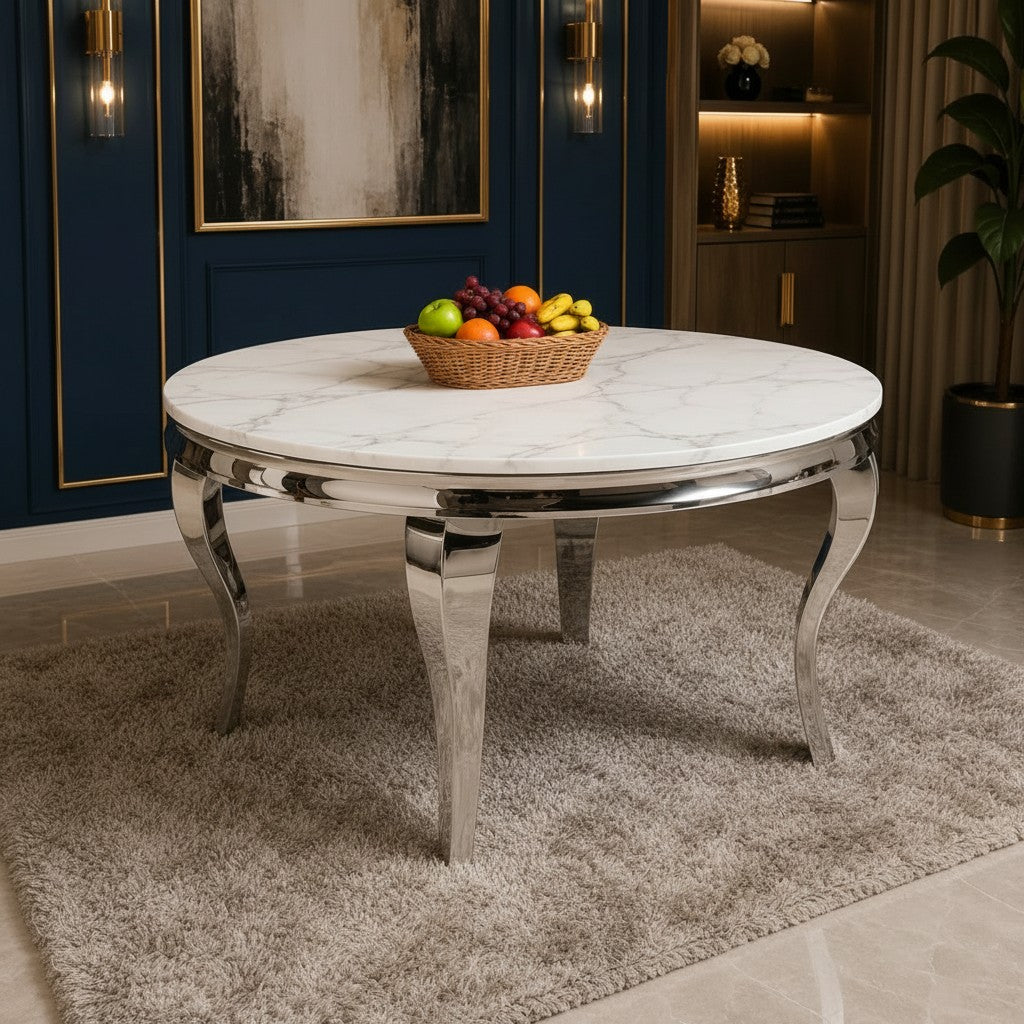 Luxury Lorens 130cm Round White Marble Dining Table With Chrome 4-Leg Base