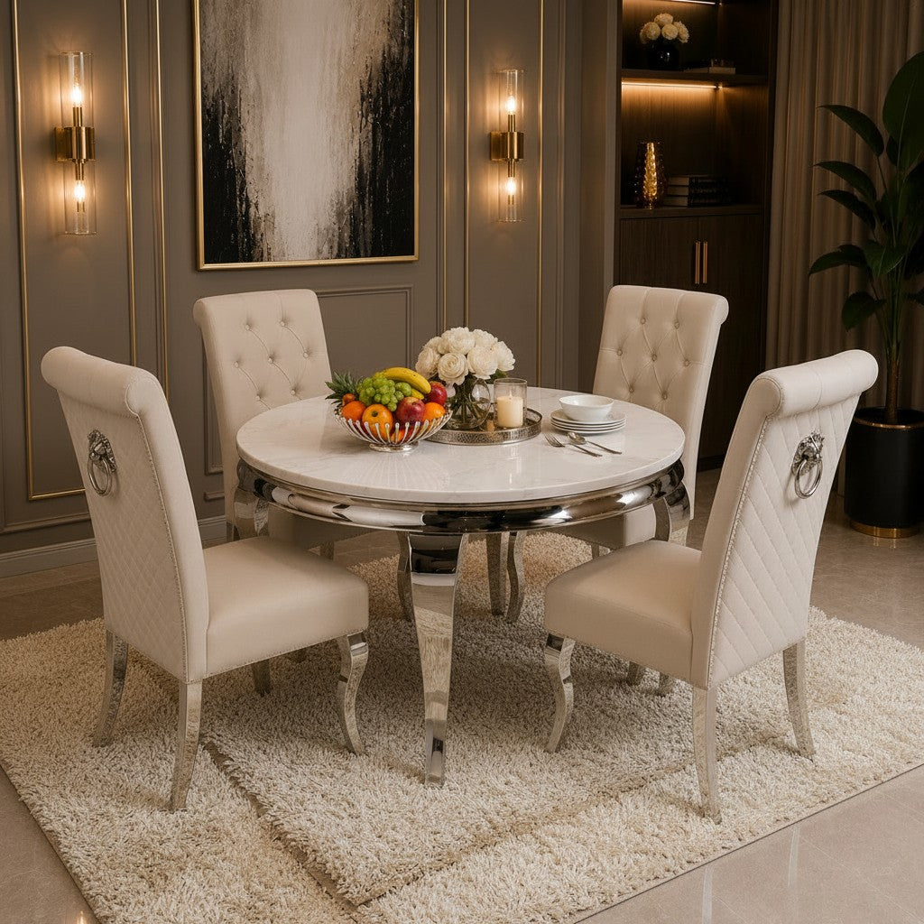 Luxury Lorens 130cm Round White Marble Dining Table With Chrome 4-Leg Base