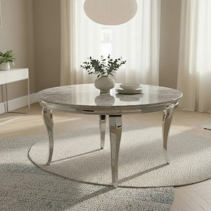Luxury Lorens 130cm Round White Marble Dining Table With Chrome 4-Leg Base