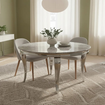 Luxury Lorens 130cm Round White Marble Dining Table With Chrome 4-Leg Base