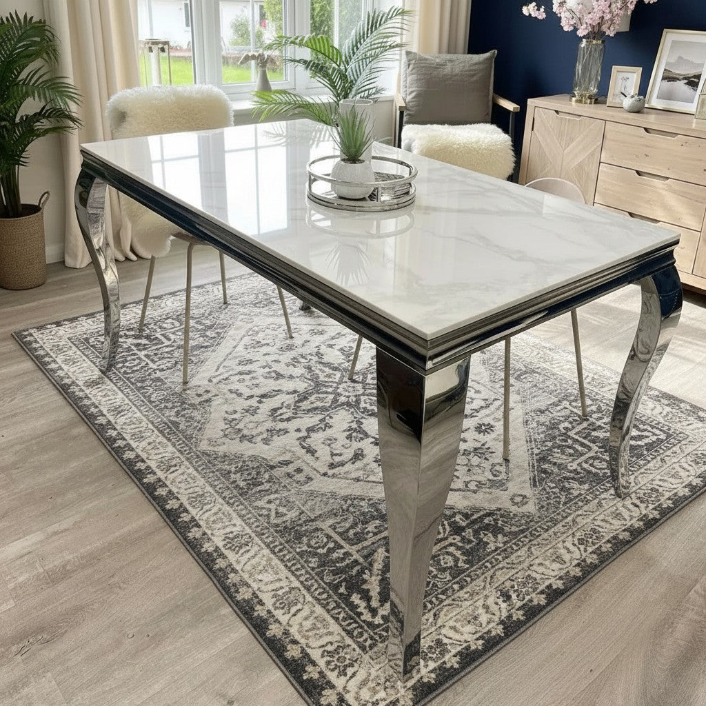 Luxury Lorens 150cm Marble Dining Table With Chrome 4-Leg Base