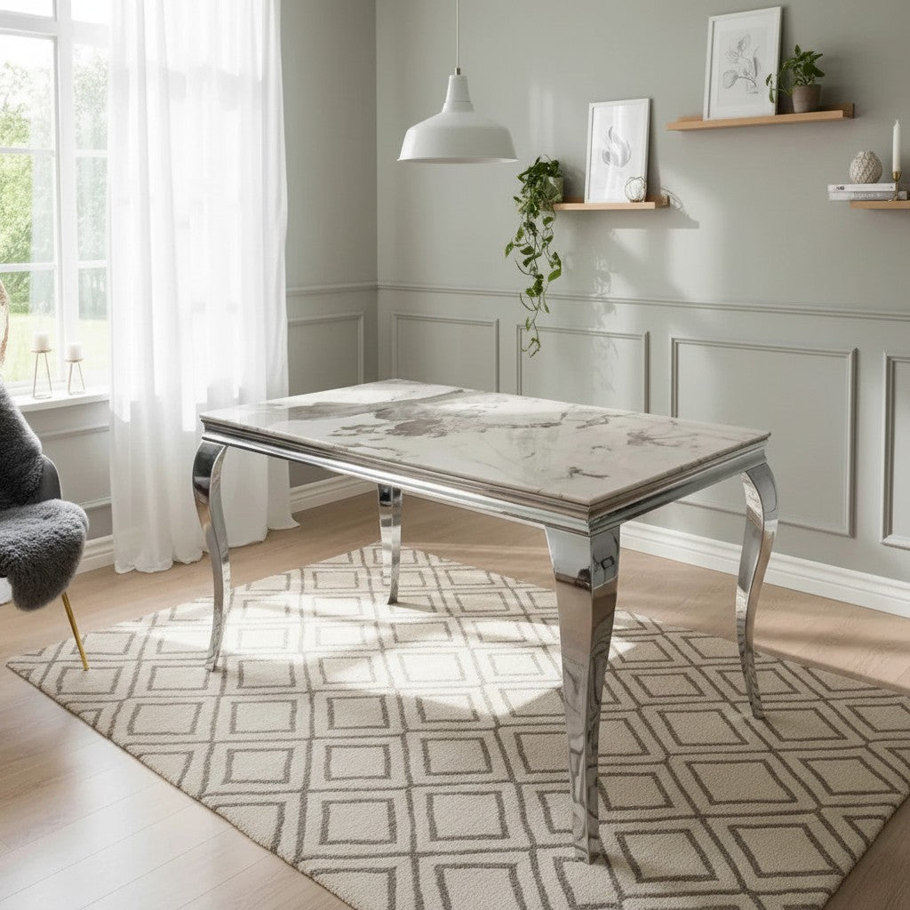 Luxury Lorens 160cm Marble Dining Table With Chrome 4-Leg Base