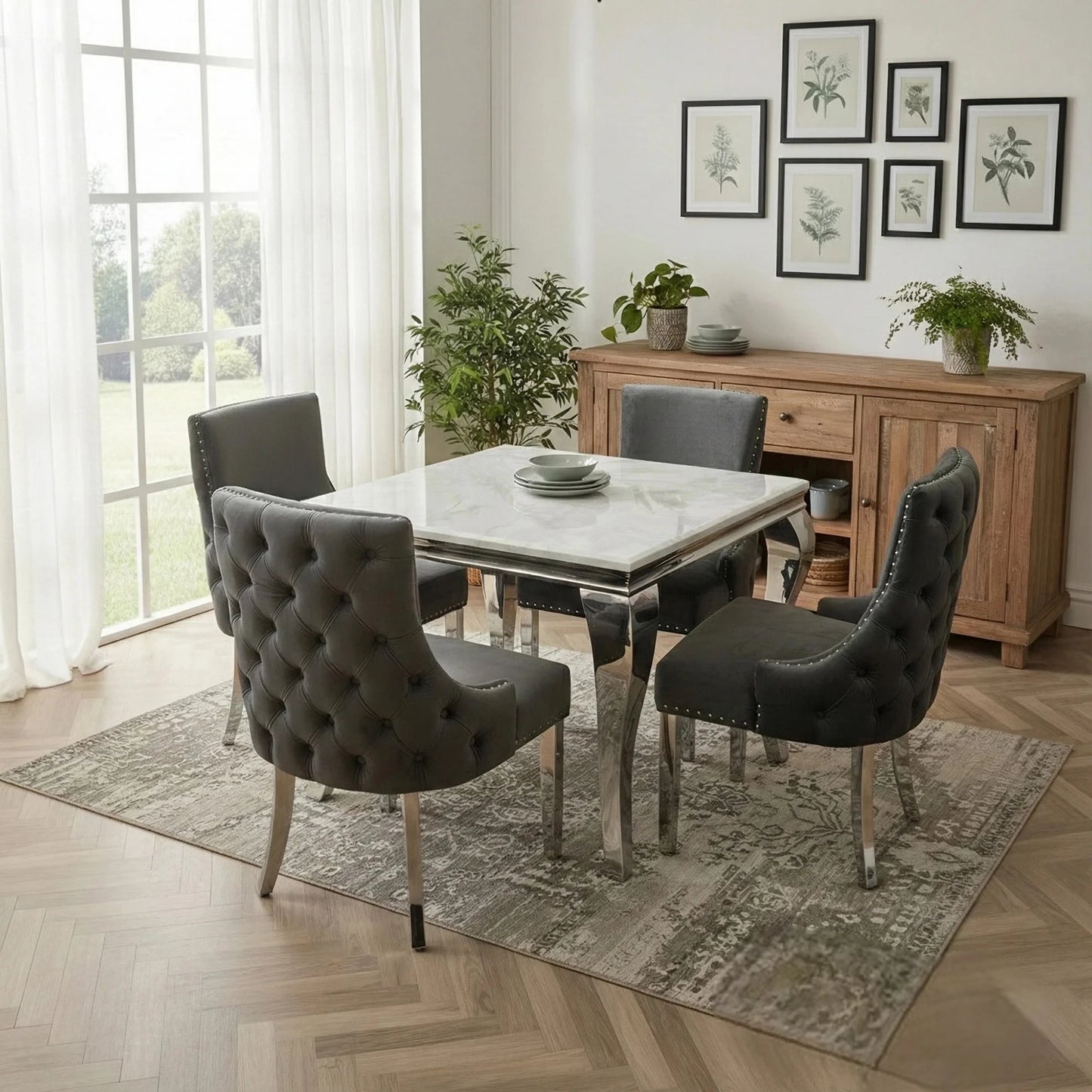 Luxury Lorens 1m Square Chrome Dining Set White Marble Table With 4 Oskar Dark Grey Velvet Chairs