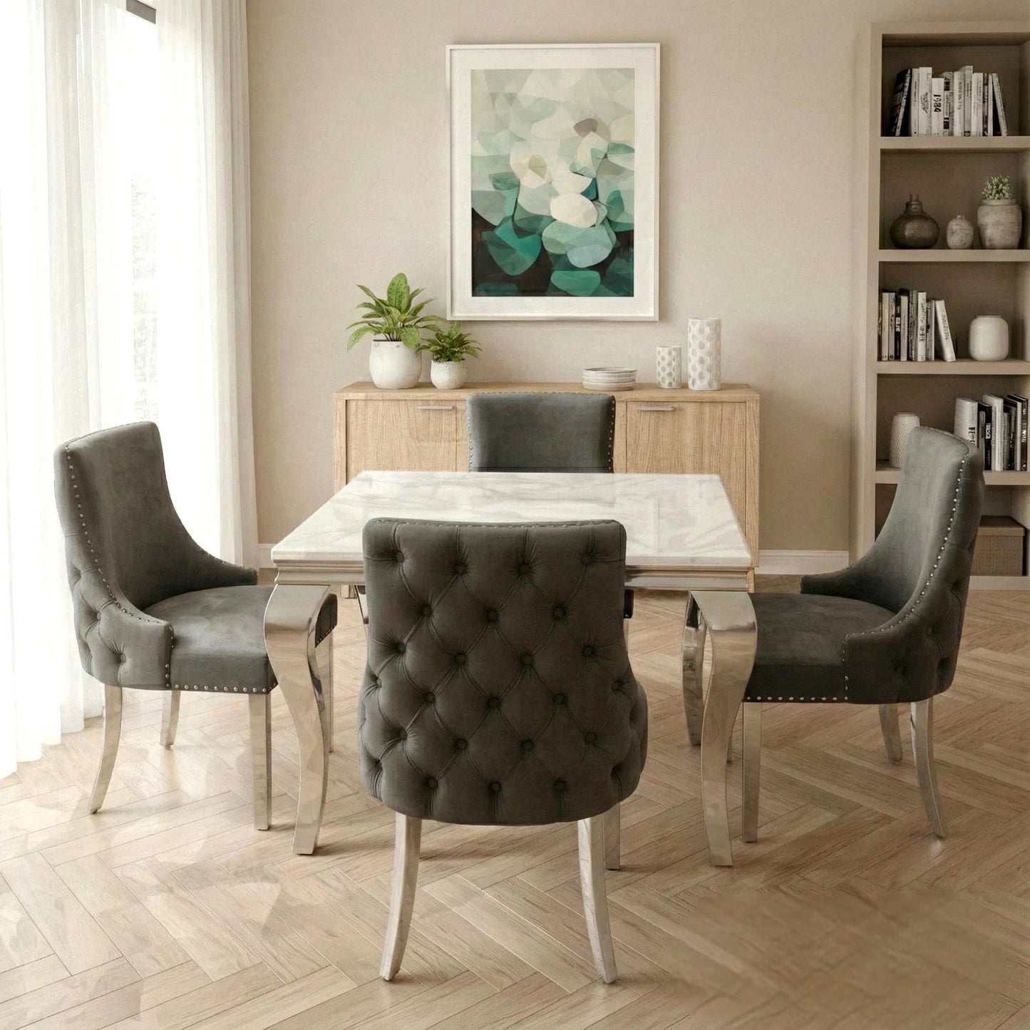 Luxury Lorens 1m Square Chrome Dining Set White Marble Table With 4 Oskar Dark Grey Velvet Chairs