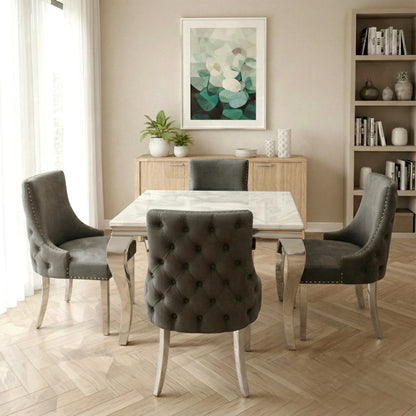 Luxury Lorens 1m Square Chrome Dining Set White Marble Table With 4 Oskar Dark Grey Velvet Chairs