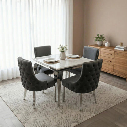 Luxury Lorens 1m Square Chrome Dining Set White Marble Table With 4 Oskar Dark Grey Velvet Chairs