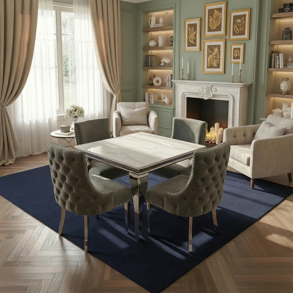 Luxury Lorens 1m Square Chrome Dining Set White Marble Table With 4 Oskar Dark Grey Velvet Chairs