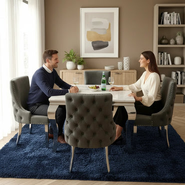 Luxury Lorens 1m Square Chrome Dining Set White Marble Table With 4 Oskar Dark Grey Velvet Chairs