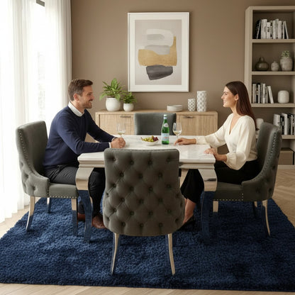 Luxury Lorens 1m Square Chrome Dining Set White Marble Table With 4 Oskar Dark Grey Velvet Chairs