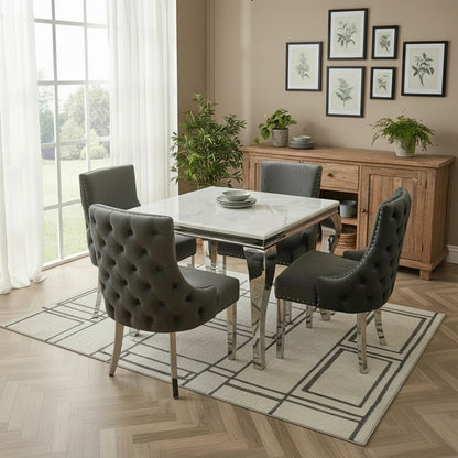 Luxury Lorens 1m Square Chrome Dining Set White Marble Table With 4 Oskar Dark Grey Velvet Chairs