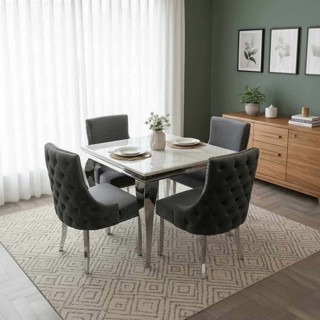 Luxury Lorens 1m Square Chrome Dining Set White Marble Table With 4 Oskar Dark Grey Velvet Chairs