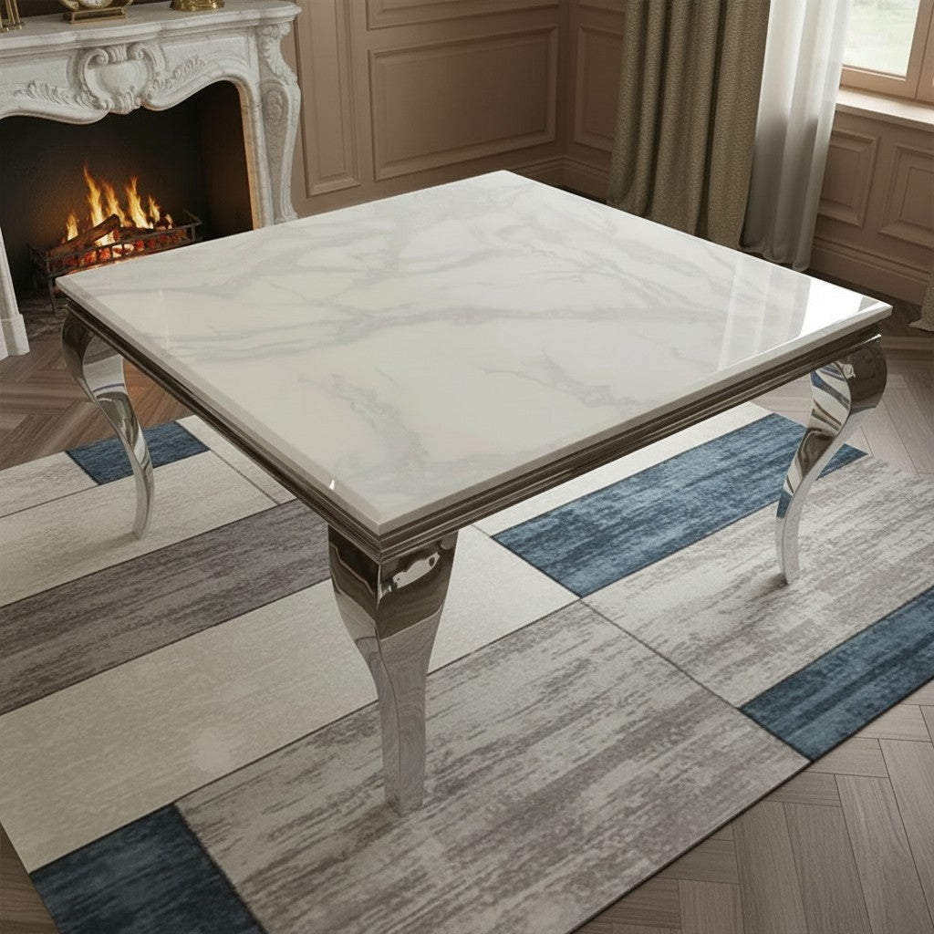 Luxury Lorens 1m Square Chrome Dining Set White Marble Table With 4 Oskar Dark Grey Velvet Chairs