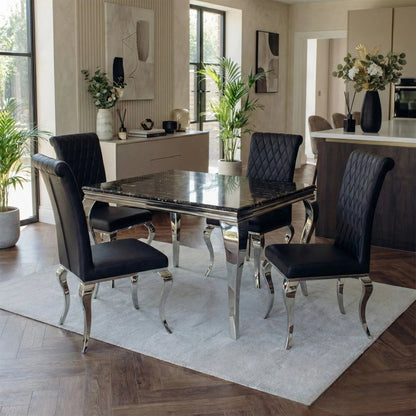 Luxury Lorens 1m Square Gold Black Marble Chrome Dining Set Table With 4 Niklas Leather Chairs