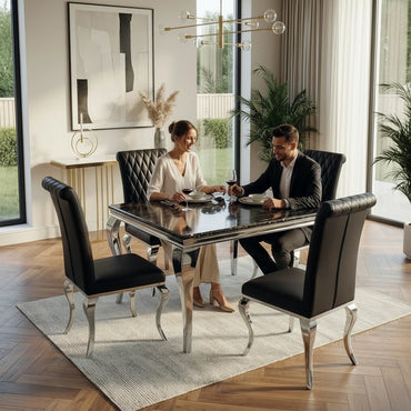 Luxury Lorens 1m Square Gold Black Marble Chrome Dining Set Table With 4 Niklas Leather Chairs