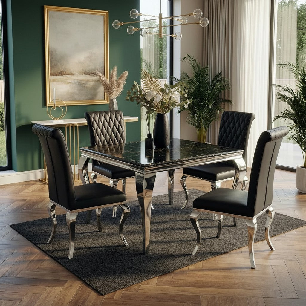 Luxury Lorens 1m Square Gold Black Marble Chrome Dining Set Table With 4 Niklas Leather Chairs