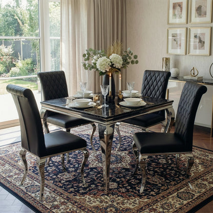 Luxury Lorens 1m Square Gold Black Marble Chrome Dining Set Table With 4 Niklas Leather Chairs