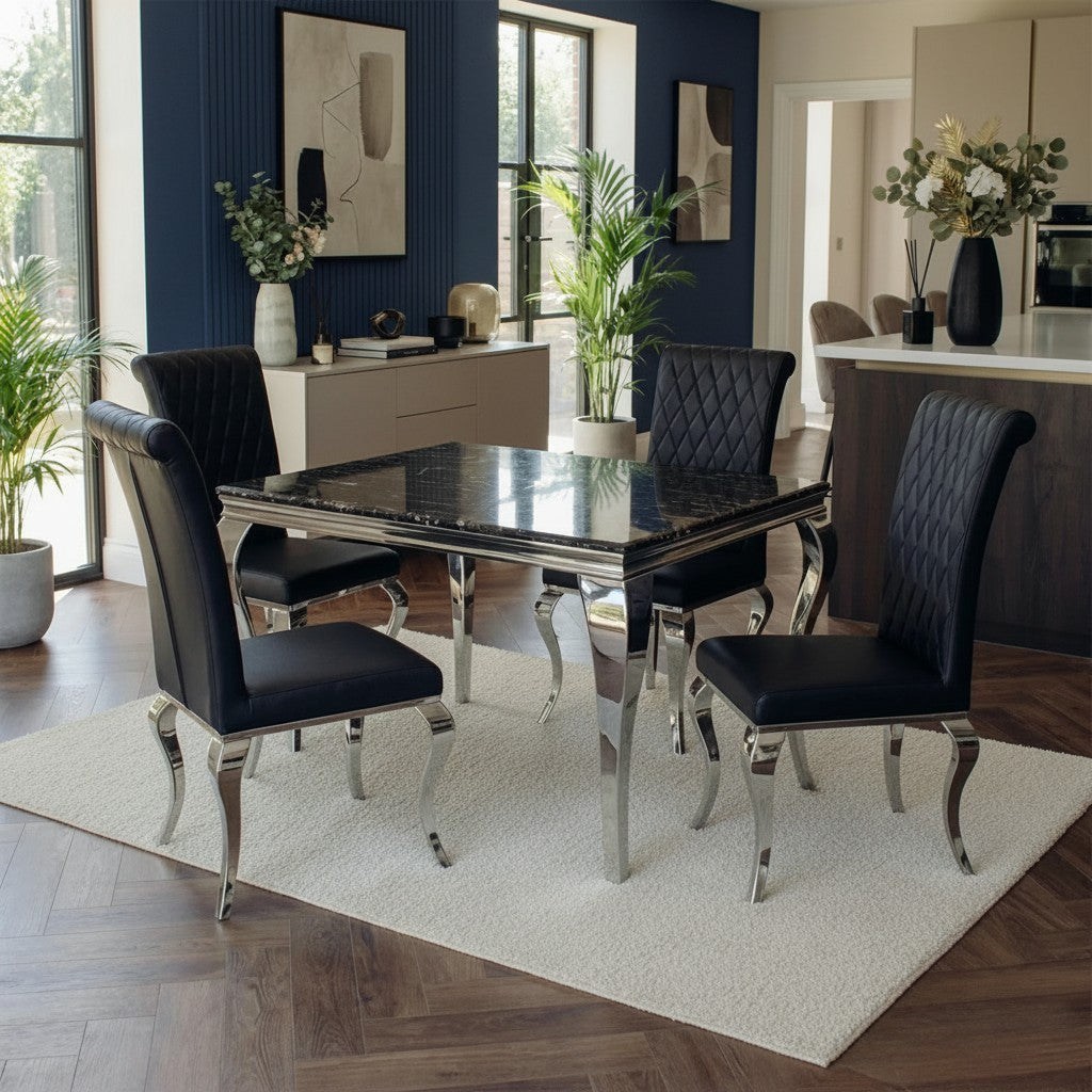 Luxury Lorens 1m Square Gold Black Marble Chrome Dining Set Table With 4 Niklas Leather Chairs