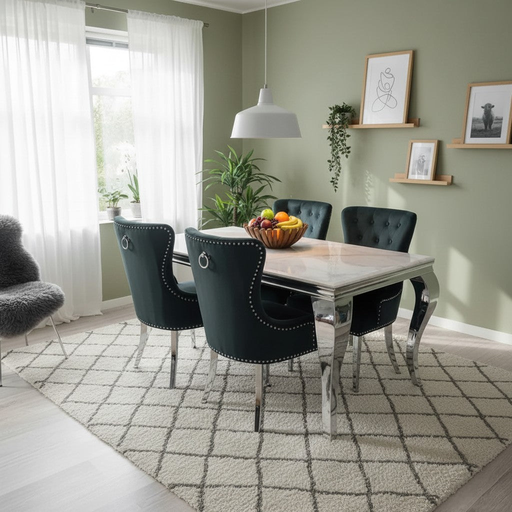 Luxury Lorens 200cm Marble Dining Table in Cream/Beige With Chrome 4-Leg Base