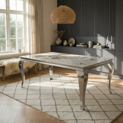 Luxury Lorens 200cm Marble Dining Table in Cream/Beige With Chrome 4-Leg Base