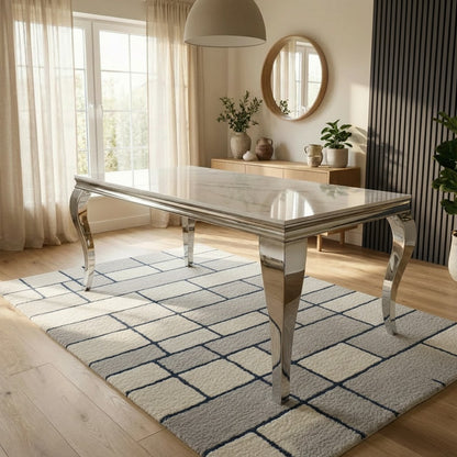 Luxury Lorens 200cm Marble Dining Table in Cream/Beige With Chrome 4-Leg Base