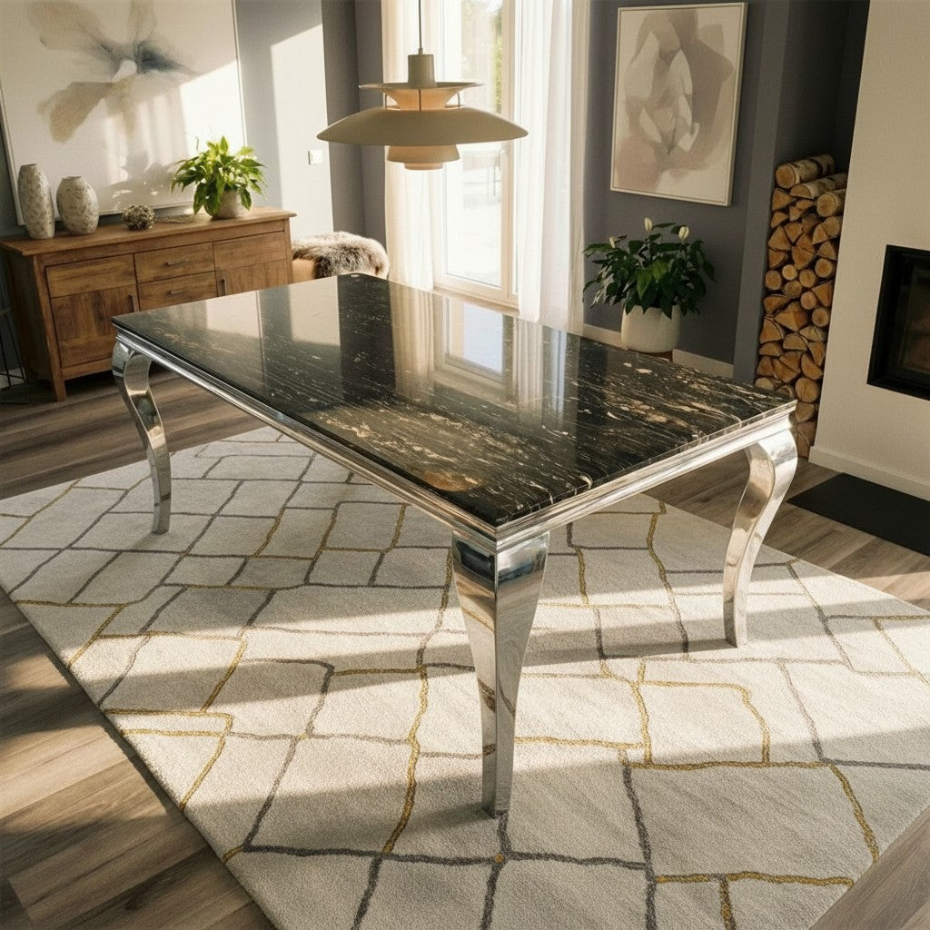 Luxury Lorens 200cm Marble Dining Table in Cream/Beige With Chrome 4-Leg Base